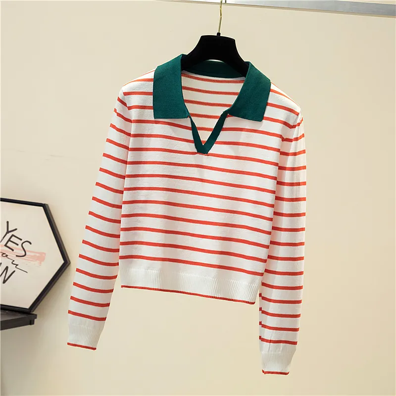 Striped v neck pullover polo sweater women s early autumn all match tops long sleeved knitted bottoming sweaters jumpers 220810