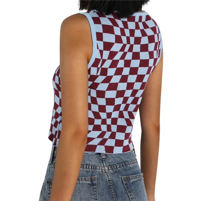Women's Stretchy Crop Tops Trendy Irregular Plaid Print Sleeveless Crew Neck Ribbed Knitted T-Shirts Summer Retro Slim Tank Top