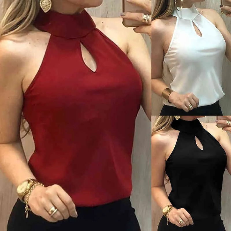 Blus kvinnliga skjorta damer toppar sexig ärmlös halter ihålig skjorta pullover väst kvinnlig kvinnors ärmlös skjorta blusas pullover l220705