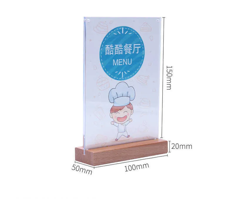 Ny träpo -ram A6 Magnet Acrylic Cover Desk Sign Holder Tabell Menymort Holder Tag Display Office Signboard Standboard3306835