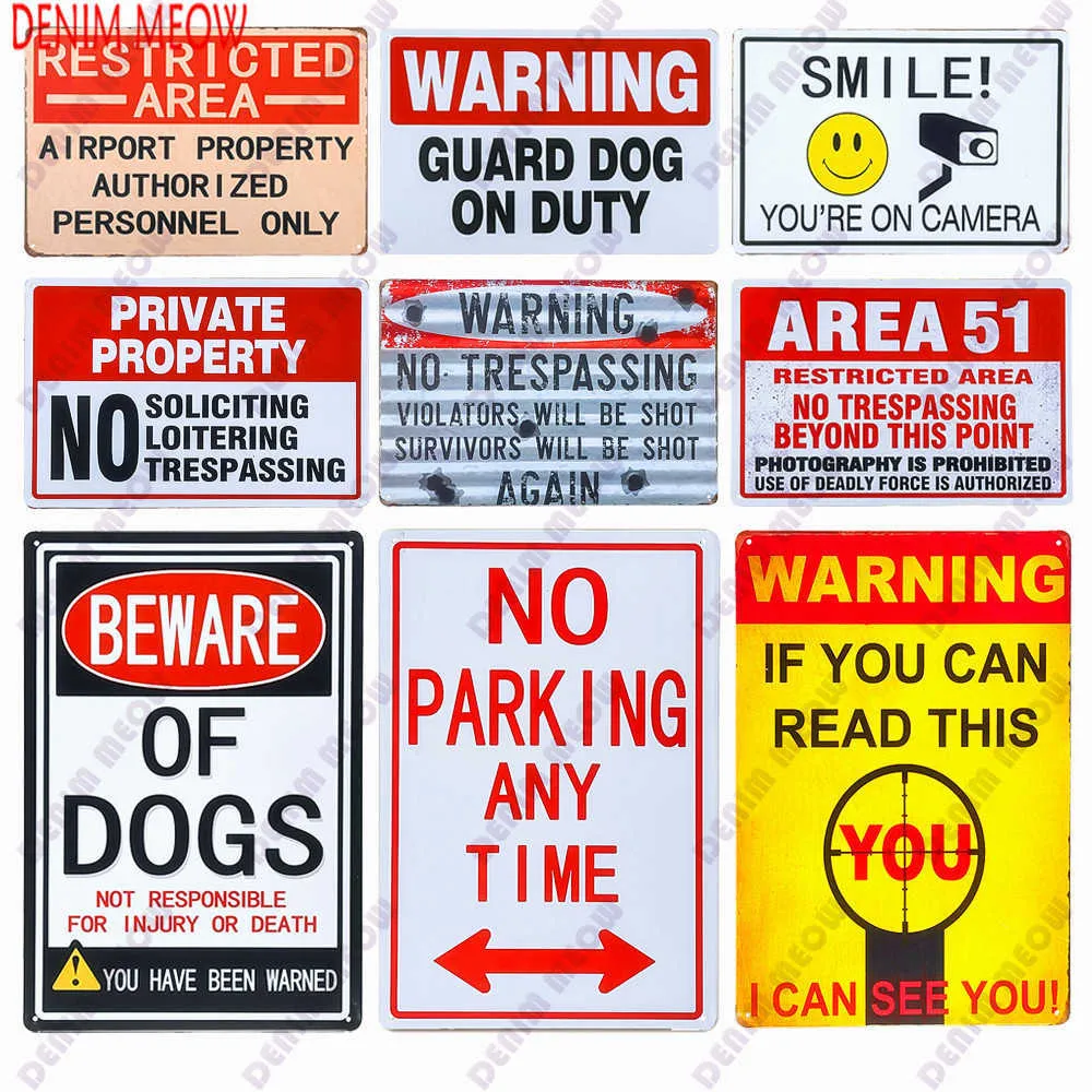 Vintage Warning Cave Private Property Metal Sign Beware of Dogs Area 51 Metal Wall Art Plates NO Parking Home Decor3369123