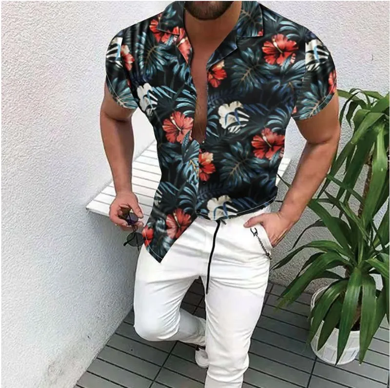 Été imprimé hawaïen hommes européens américains vêtements pour hommes décontracté mode Cardigan court chemise à fleurs M3XL 220623