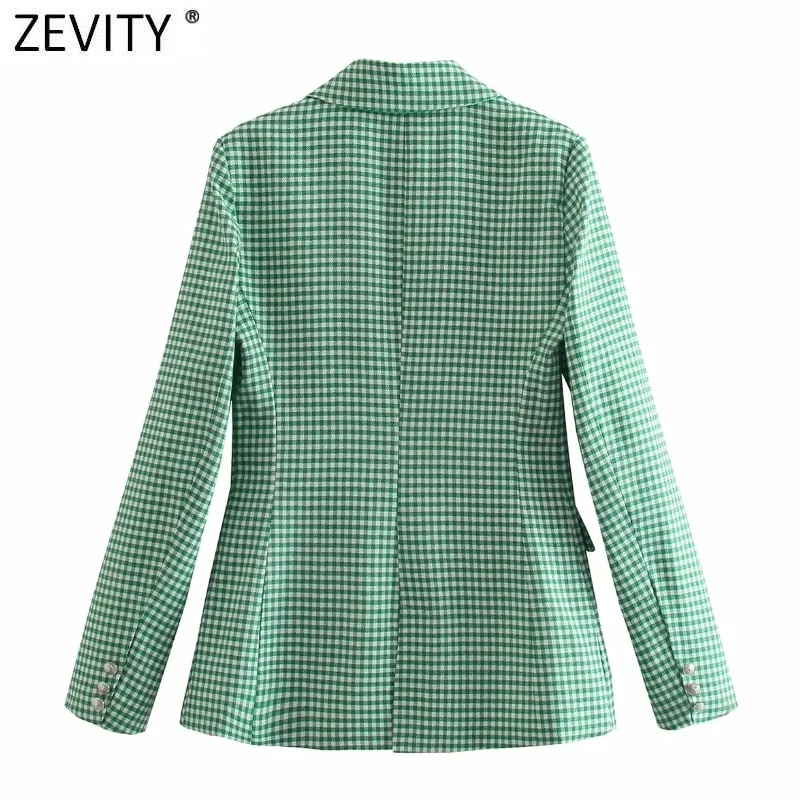 Zevity mujeres Vintage verde rosa Houndstooth Plaid estampado Blazer abrigo Oficina señoras doble botonadura prendas de vestir exteriores Chic Slim Tops CT726 220402