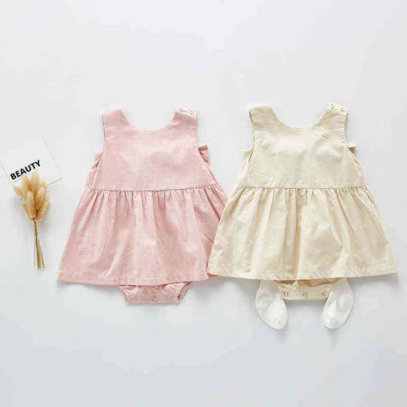 Neue Sommer Baby Mädchen Ärmellose Bogen Knoten Reine Baumwolle Flauschigen Rock Tasche Furz Klettern Kleidung 0-2 Jahre alte Kleidung G220510