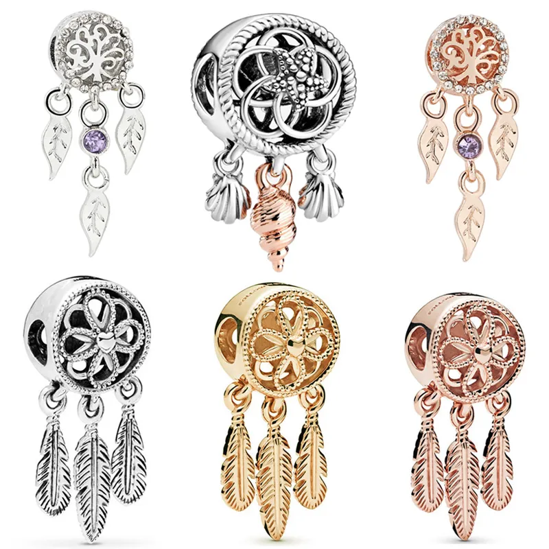 925 Sterling Silver Dangle Charm Feather Starfish Conch Shell Dreamcatcher Hanger Kralen Bead Fit Pandora Charms Armband DIY Sieraden Accessoires