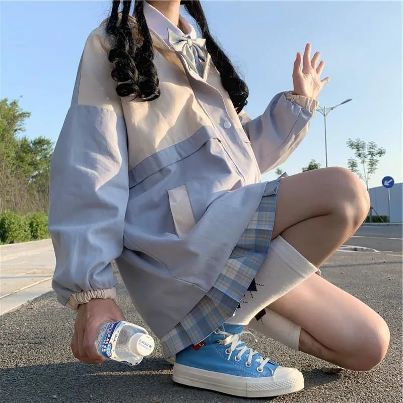 Jackor kvinnor blå våren dagligen koreansk stil lapptäcke avslappnad grundläggande preppy allmatch student flicka kawaii solproof 220803