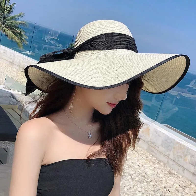 Fashion Womens Wide Brim Sun Protection Straw Hat Folable Floppy Hats Summer UV Protection Beach Cap 220607