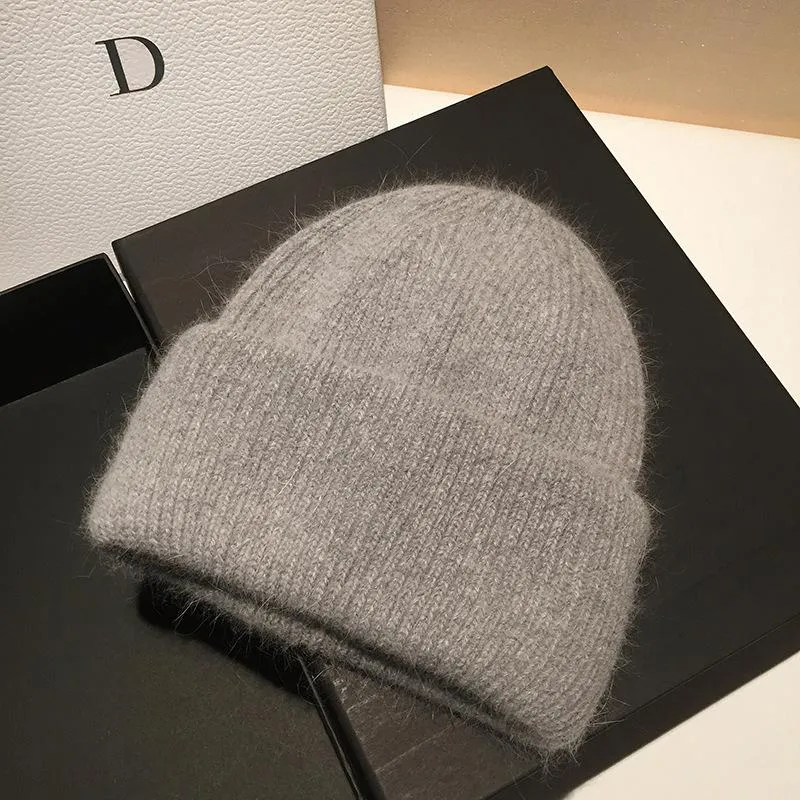 Beanie Skull Caps Winter Real Fur Knitted Hat For Women Fashion Luxury Hats Solid Color Warm Cashmere Wool Beanie Female Fold Thic264I