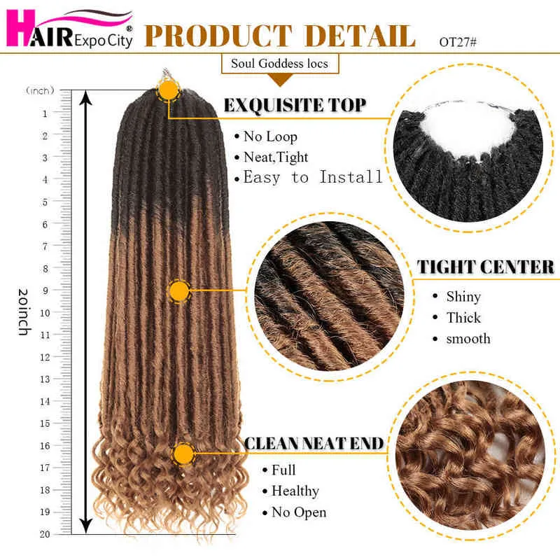 20 pouces Déesse Cheveux Ombre Faux Locs Crochet Tresses Doux Naturel Tresse Synthétique Tressage Extensions Expo 220610