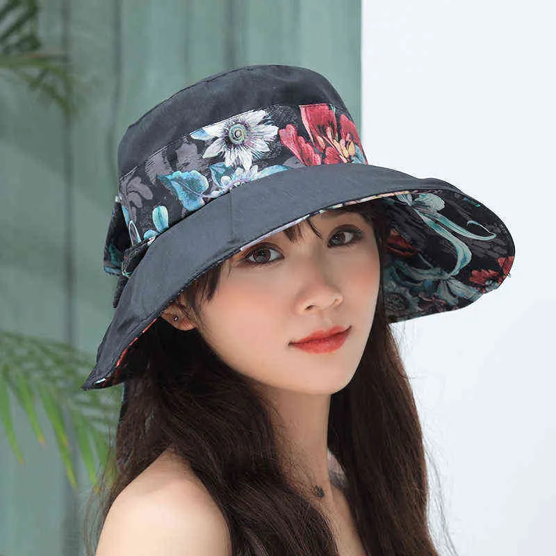 W144 güneş şapkası kadın yaz yeni çift kullanımlı pamuk baskı katlanabilir kumaş şapka Kore versiyon kayışları yay tüm maç büyük brim şapka G220418