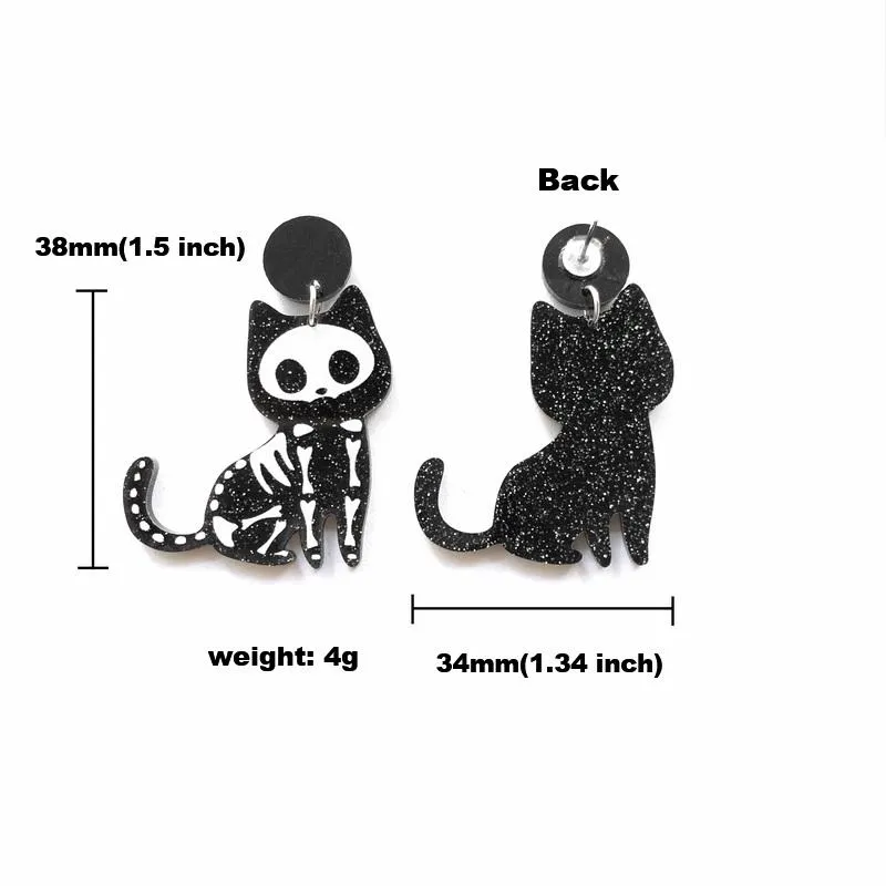 Stud lindo animal brillo gato negro y esqueleto pendientes acrílicos asimétricos para mujeres encantador gatito joyería de moda Stud Kirs223501