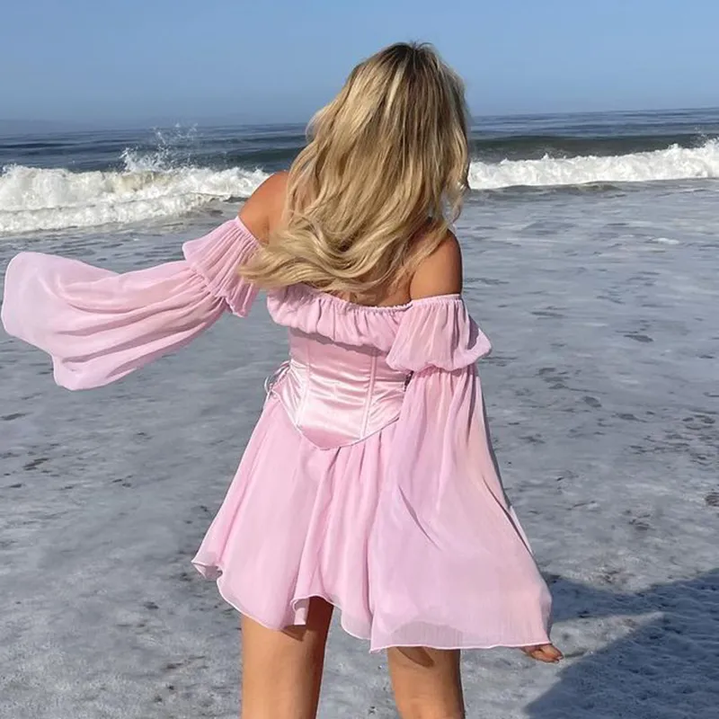 IAMSURE BEACH Style فستان شيفون خمر مع مشد ضمادة Hollow Out Bustier Prairie Chic Flare Dresses 2 قطعة مجموعة 220531