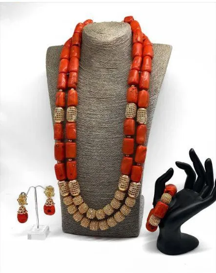 Nigeria bruiloft sieraden handgemaakte Handmade originele koraal Afrikaanse kralen sieraden set goud Dubai dames kostuum sieraden set koraalfeest ABG8 222405302