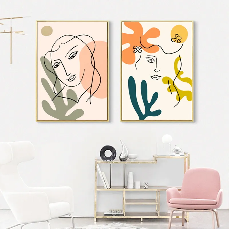 Affiche d'art mural avec lignes de couleur modulaires, femme abstraite, Animal, peinture sur toile, Art nordique, image imprimée, décor de maison pour chambre à coucher