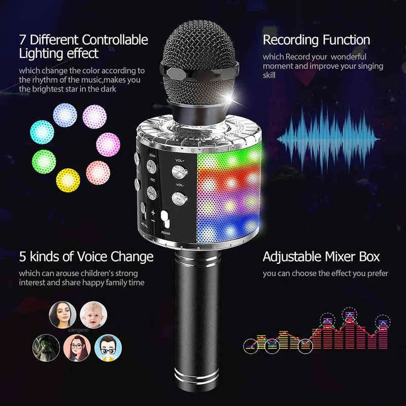 Mikrofony bezprzewodowy mikrofon karaoke 4 w 1 mikrofon Bluetooth dla dzieci z LED Light Light Record Remiks T220916