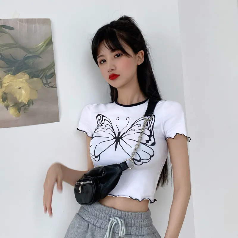Seksowna dziewczyna w stylu letni Kolek Koreańskie krótkie koszulka żeńska wysokiej talii szczupła koszulka krótka studencka damska topy Y2K 220630