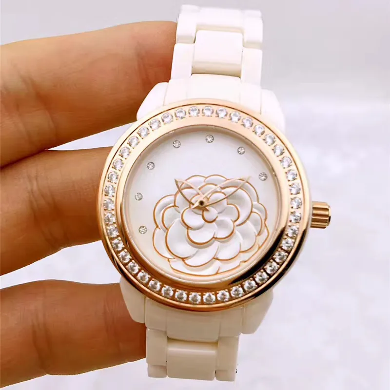 Women Ceramic Watch 3D Camellia Fashion Casual Women's Quartz Analog Wrist Watch Gift256Z