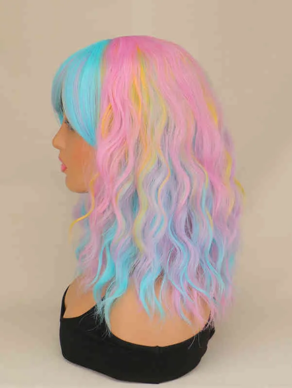 Suq, peluca ondulada de agua corta para mujer con flequillo, pelo sintético para niñas, Cosplay, arcoíris, multicolor, fiesta s 220622