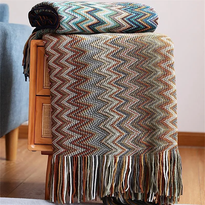 100% Acryl Hand Knitted with Tassel Summer Bed Sofa Travel Breathable Chic Bohemian Soft Comfortable Blanket 220616195S