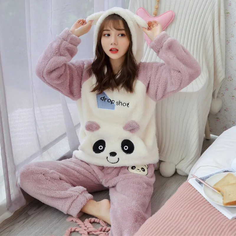 Cute Pajamas Set Women Sleepwear Warm Winter Thick Coral Fleece Hooded Cartoon Girl Homewear Animal Nightie 220329