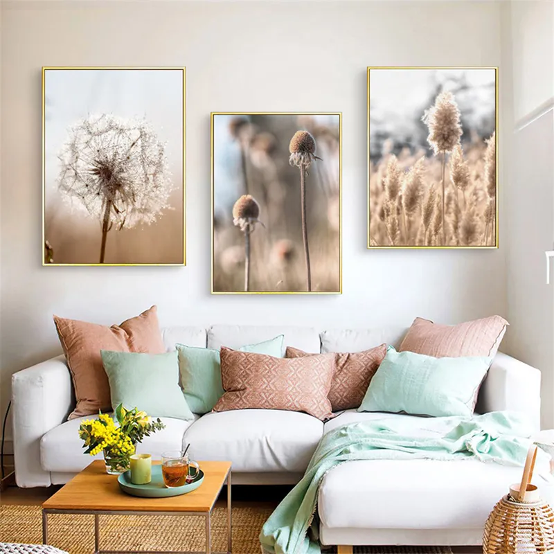 Bege cenário de leão -de -pente de vaca de parede natural de parede de parede de parede pintando pôsteres nórdicos e impressões fotos para decoração da sala de estar 220716