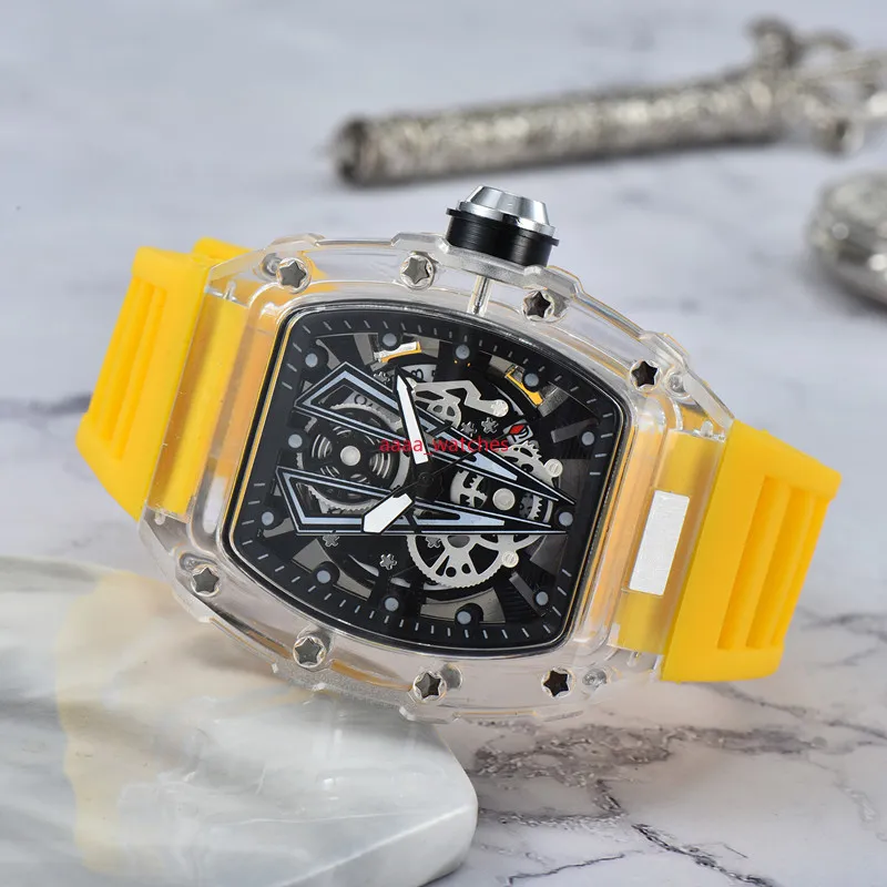 3A transparent 3-pin Luxury men's high quality diamond quartz watch hollow glass back stainless steel case watch black rubber277i