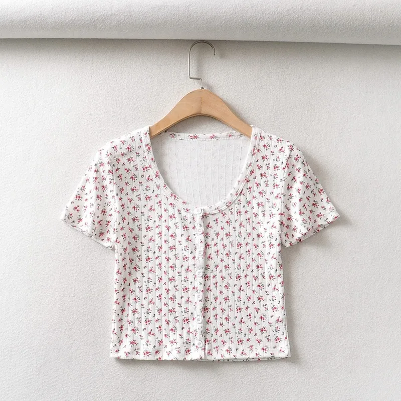 Harajuku anni '70 Vintage O collo floreale manica corta Tee Base T-shirt Summer Girl monopetto con bottoni T-shirt corta crop top 220422