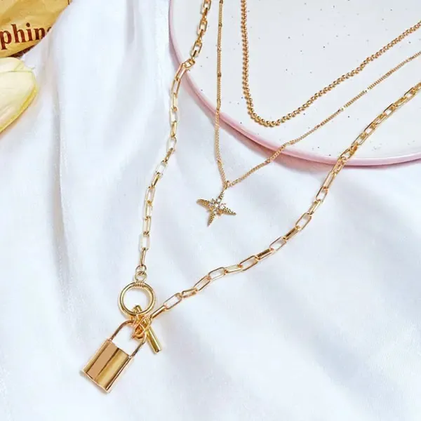 European and American necklace women new alloy clavicle chain creative personality multi-layer eight-pointed star lock pendant mul2947