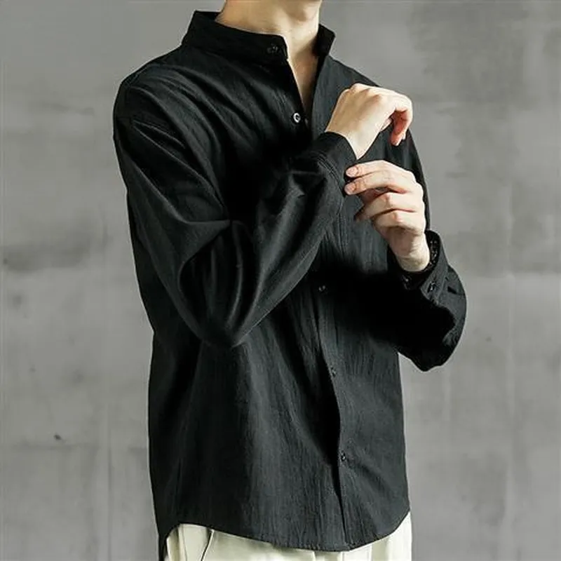 EBAIHUI Katı Renk Keten Gömlek Erkek Üç Çeyrek Kol Moda Mizaç Üst Gevşek Pamuk Keten Yarım Kollu Hırka Ceket