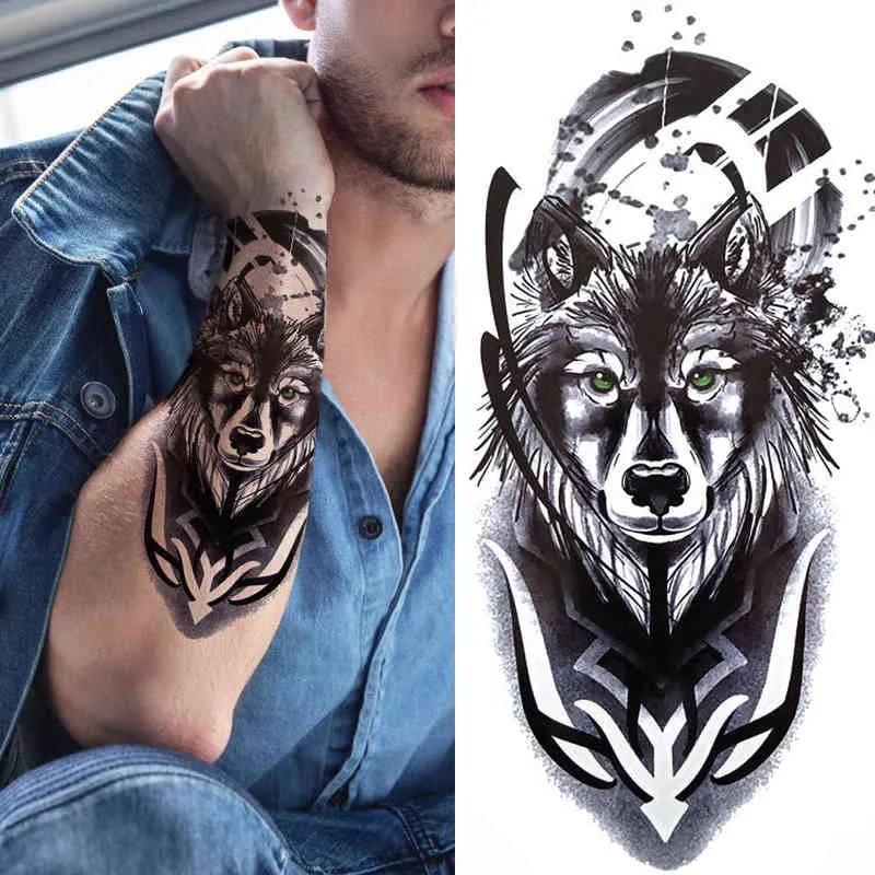 Nxy temporärer Tattoo Forest Wolf für Frauen Männer Tiger falsche Löwe Blume Aufkleber Schwarze Tiere Kompass Monster Tatoo Kid Boy 0330
