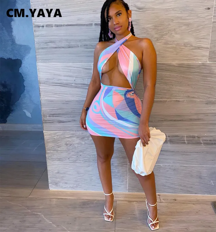 cm.yaya Rainbow Striped Tie Dye Halter Neck Backless Women's Mini Dress Sexy Night Party Clubwear Bodycon Midi Pencil Dresses 220516