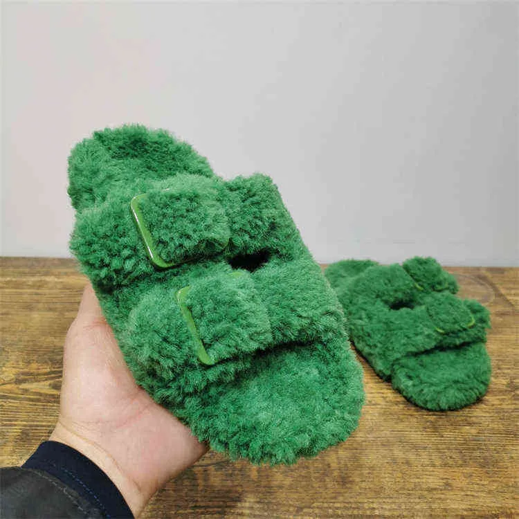 Paris 2022 wool slippers wear lamb wool ins fashion cotton shoes green