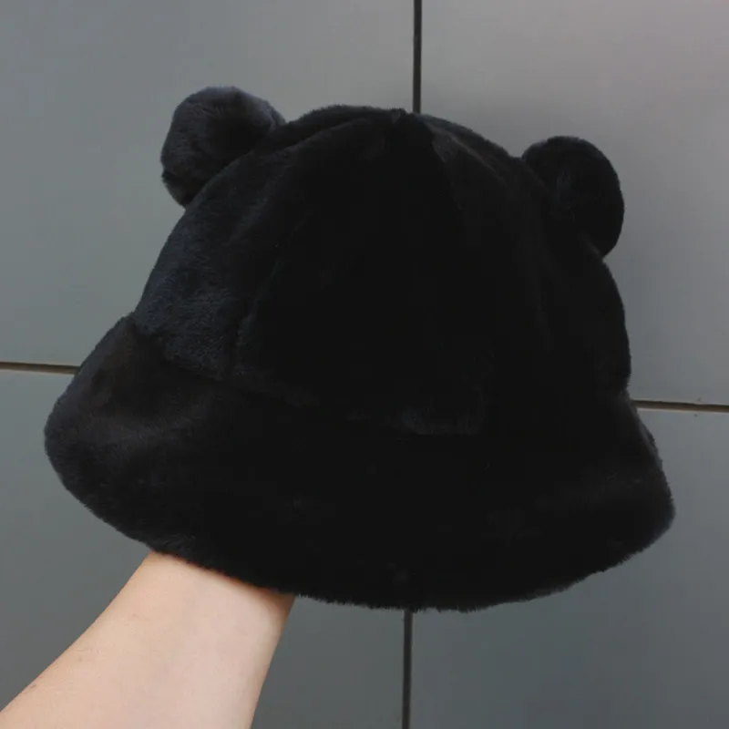 冬のぬいぐるみ帽子かわいいクマの耳の耳の耳の毛皮のふわふわした帽子漁師帽子パナマアウトドアガールズソフトウォームシックサンキャップ220812