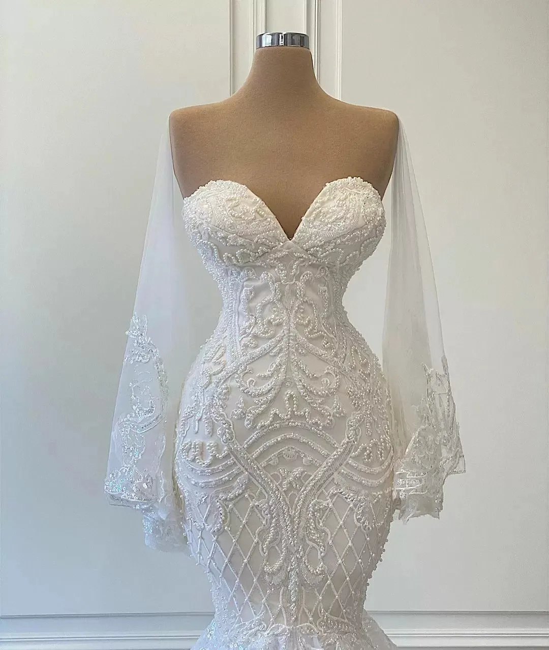 Elegante weiße Meerjungfrau Brautkleider Brautkleider Perlen Spitze Applikation Nigerian Arabisch Hochzeitskleid Robe De Marie265K