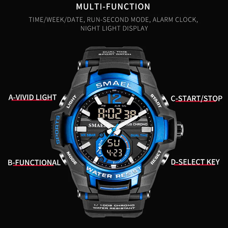 Smael Men Watches Fashion Sport Super Cool Quartz LED Digital Watch 50m vattentätt armbandsur Herrklocka Relogio Masculino 2176Z