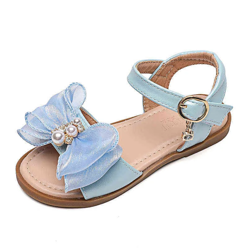 Letnie buty szkolne dla dziewcząt dla dziewcząt Księżniczki Sandały Dzieci Modna Perl Flowers Bow Sandal 2021 2 3 4 5 7 8 9 10 11 rok G220523