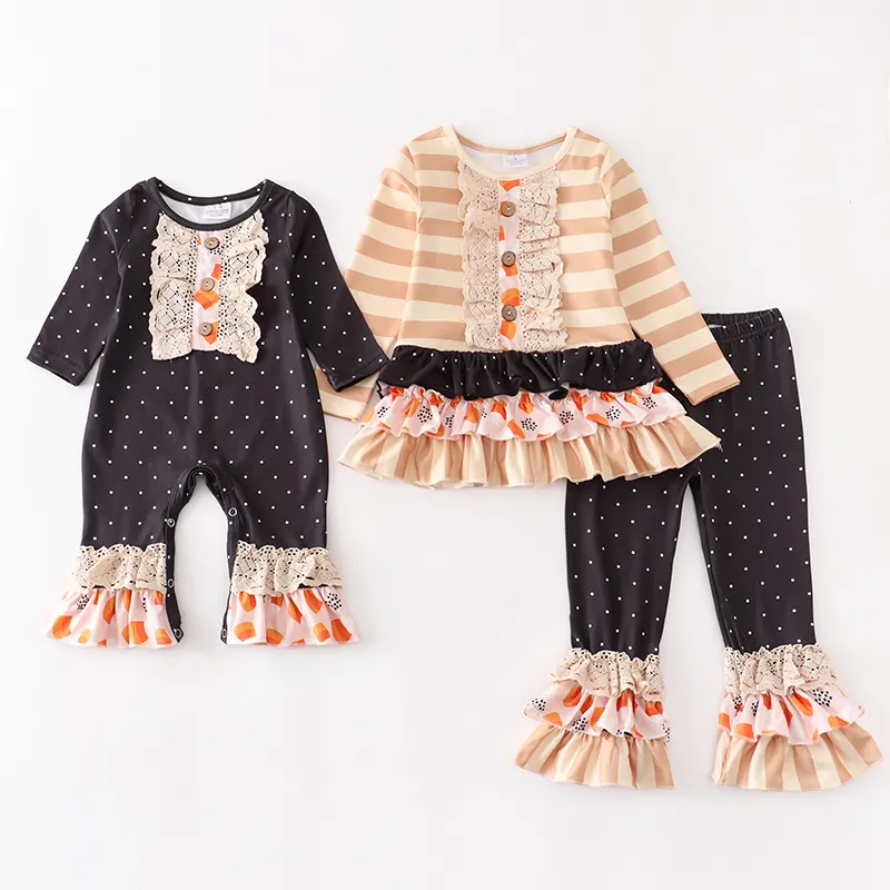 Girlymax Sibling Fall Halloween Baby Girls Pumpkin Flower Flower Ruffles Stripe Govel Skirt مجموعة Romper Kids Clothes 220817