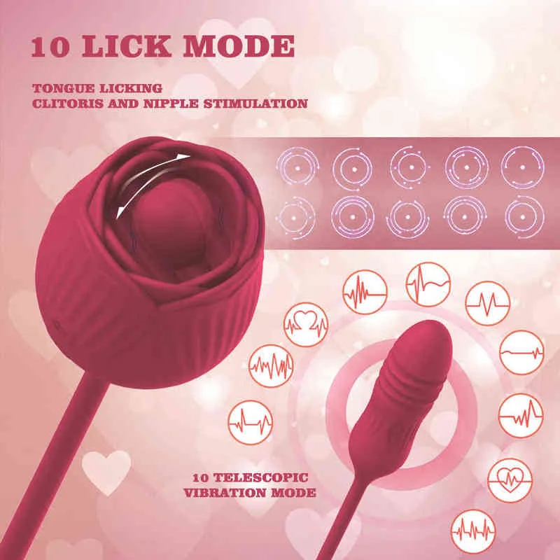 NXY Vibrateurs Sex Toys pour Femme Masturbant 2 en 1 Langue Rose Vibrateur Adulte Amour Oeuf Tige Fleur Poussée Clitoris Stimulateur Jouet 0411