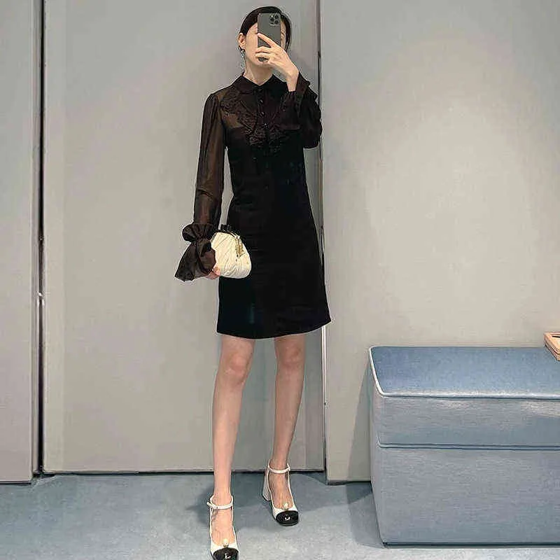 秋の新しい黒い長袖ドレスラフカラーステッチフレアスリーブウエストスタイルスカート