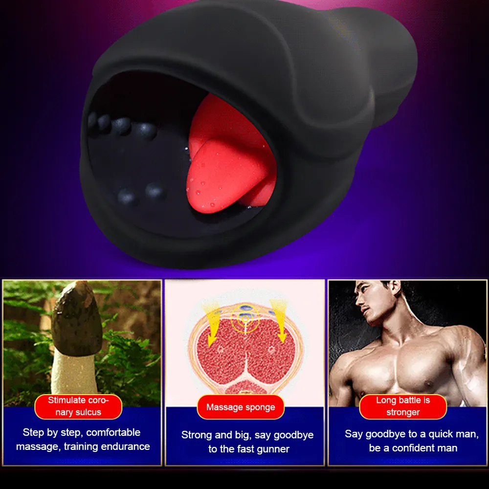Manlig vibrator 6 Modes Tongue Slicking Glans Massager Endurance Traninig Vuxen Sexiga leksaker för män Masturbator Penis Head Stimulator