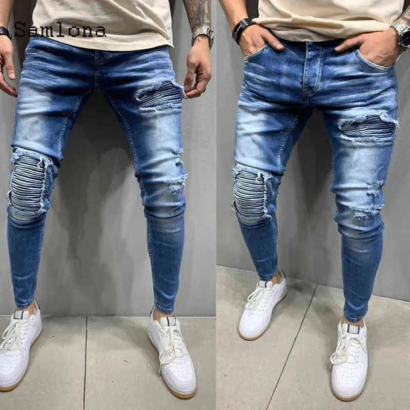 Mens Skinny Jeans Moda Denim Pant Masculino 2020 Hole Rasgado Calças Streetwear Homens Zíper Denim Pant Blue Hip Hop Lápis Calças G0104