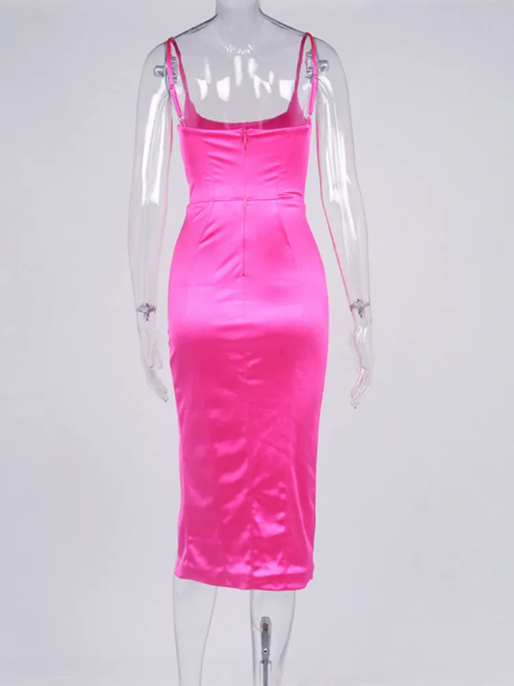Asia Satin Dress Spaghetti Strap Cut Out Split Double Layer Foder High midja Midi Chic Black Woman Party Robe 220507
