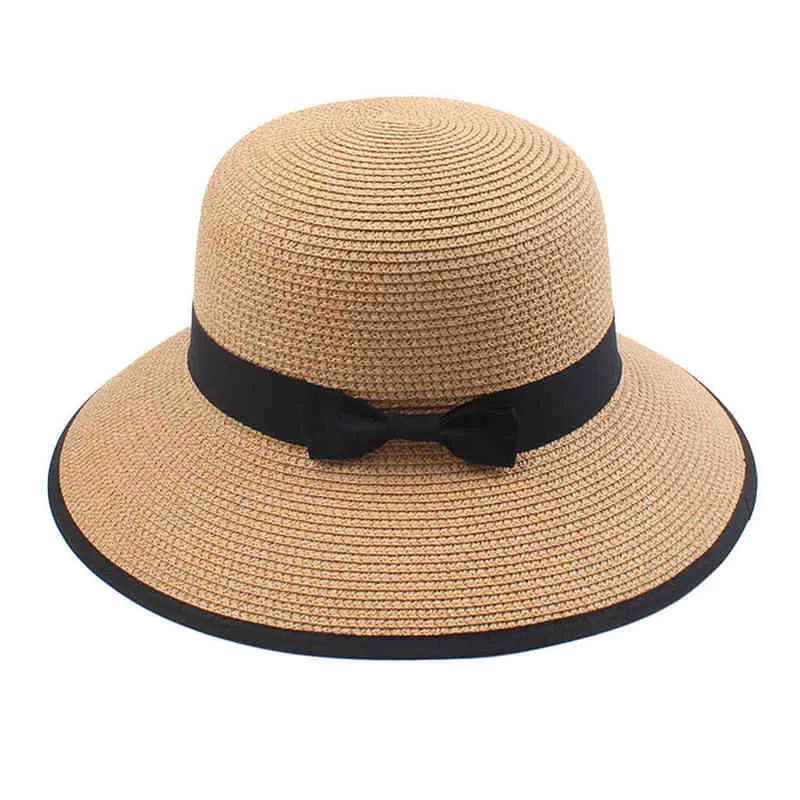 結び目の女性の太陽の麦わら帽子夏の屋外の折りたたみ式巻き上げフロッピーレディースビーチ帽子UV upf50通気性ファッション女性キャップG220301