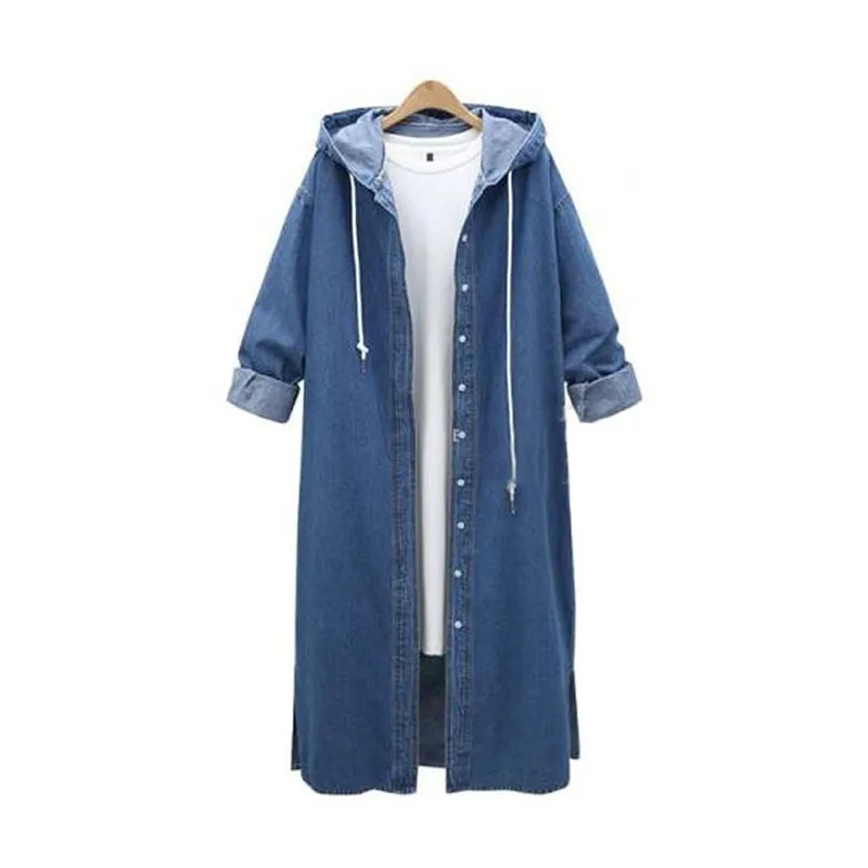 Solid Color Lace Up Hooded Womens Loose Denim Coat Spring Autumn Fashion Long High Street Style Cardigan Trench 002 220726