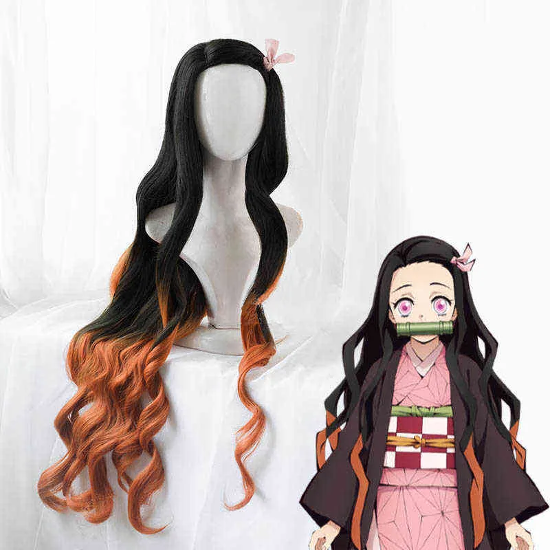 Anime Demon No Nezuko Peruk Uzun ısıya dayanıklı sentetik saç perucas cosplay perukları ve peruk kapağı L220802