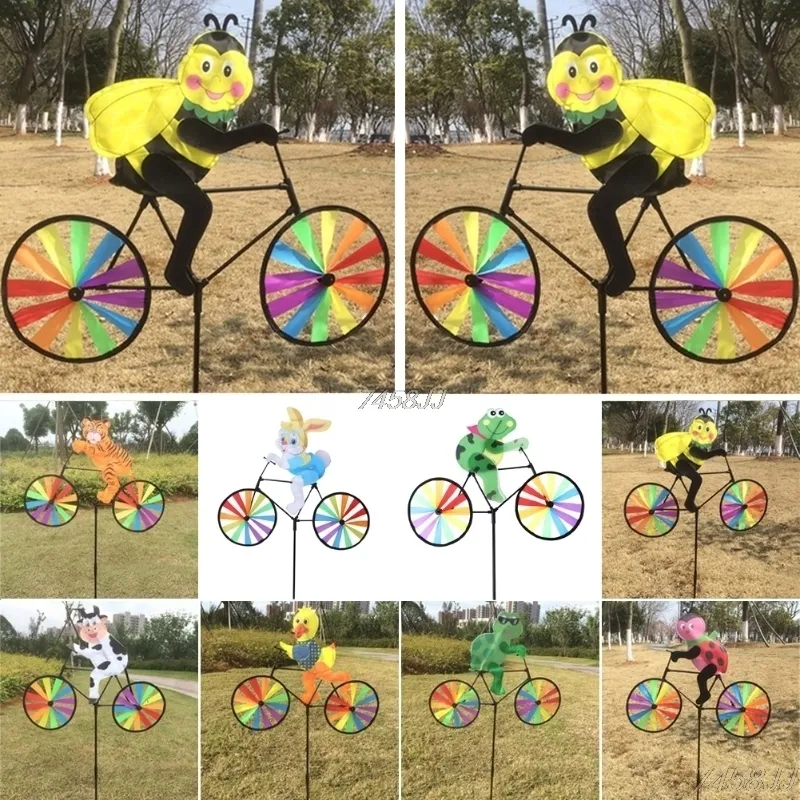Rabbit Bee Tiger on Bike DIY Windmill Animal Bicycle Wind Spinner Whirligig Garden Lawn Decorative Gadgets Kids Outdoor Toys 220721