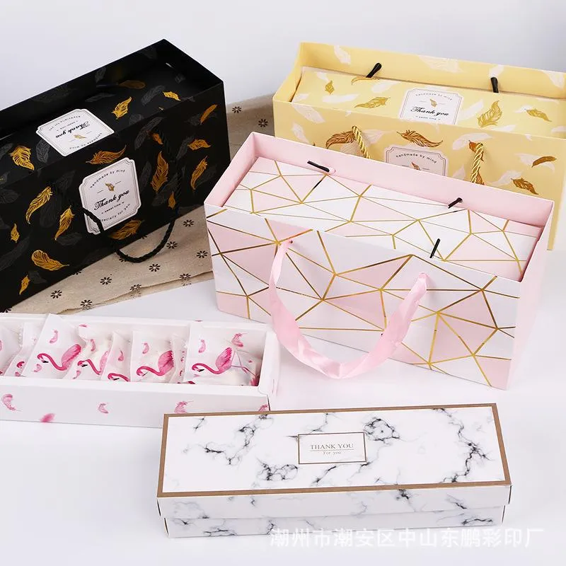 Flamingo / Marble / Feather Pattern Paper Packaging Box Nougat Cookies Geschenkdoos Bruiloft Chocolate Cake Brood Parterbox Boxs Pro232