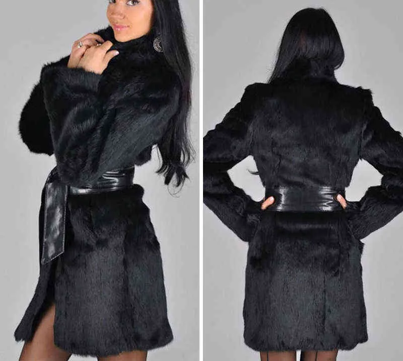 2021秋と冬の女性毛皮の模倣ミンクウォームコート模倣ファーコートミッドレングス模倣毛皮ブラックファッションウェアL220725