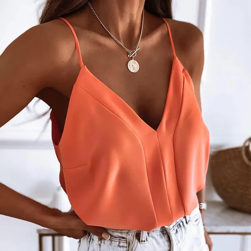 Orange Frühling rückenfreie sexy Lady Camis Tops Spaghetti Strap Chic Satin glänzend Sommer Tanks ärmelloses Top G2689 220316