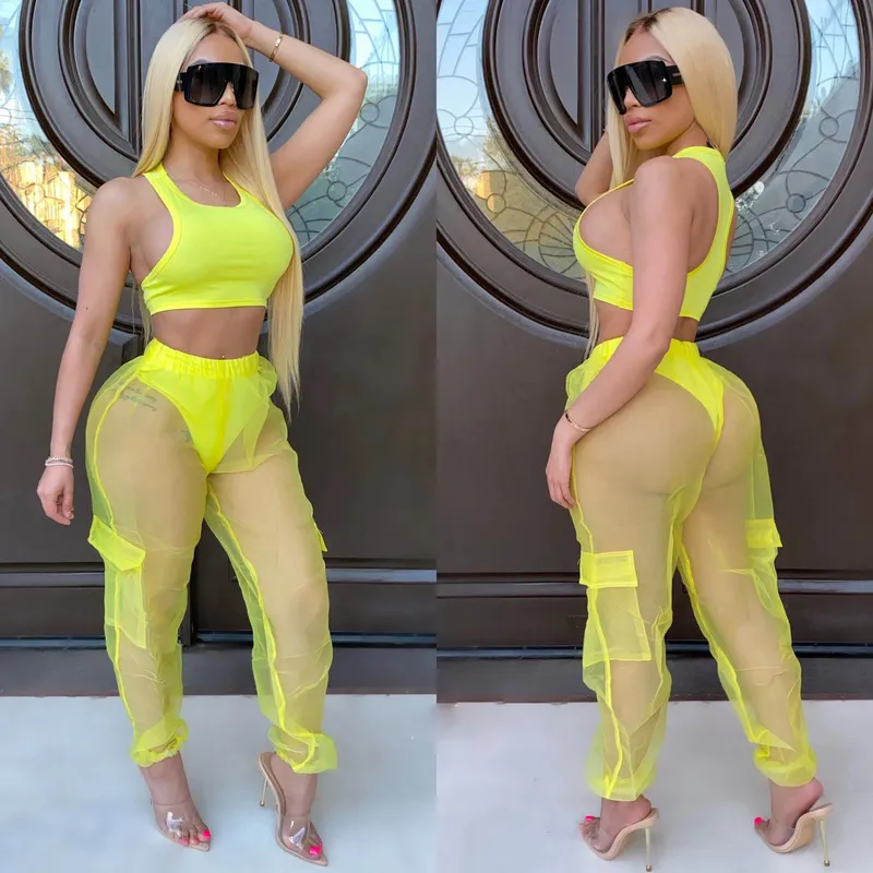 Neon Tracksuit Set Women Crop Top And Transparent Pants Sets Casual Jogging Femme Sportswear Summer Clothes Plus Size